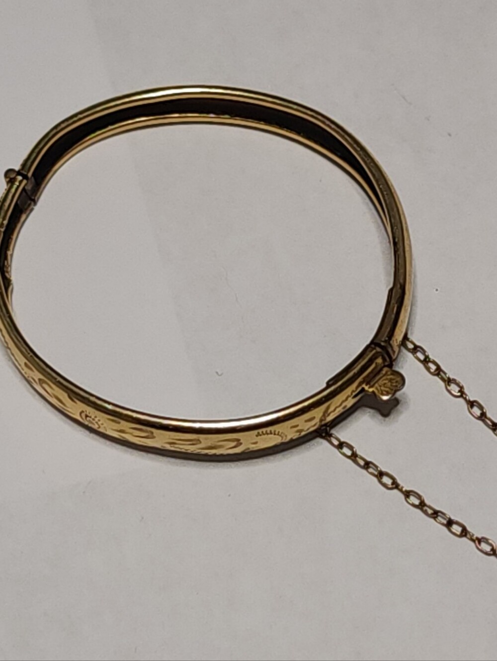 Antique Victorian Gold Filled Baby Bangle Hand Etched Floral Safety Chain